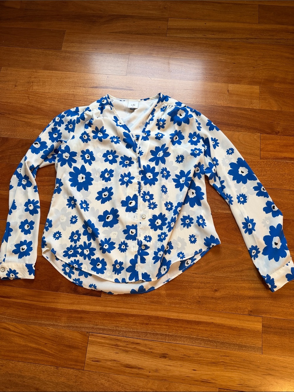 CAbi Blue Floral V-Neck Blouse